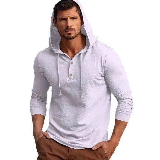 Men's dark blue cotton pullover hoodie with long sleeves on a hanger