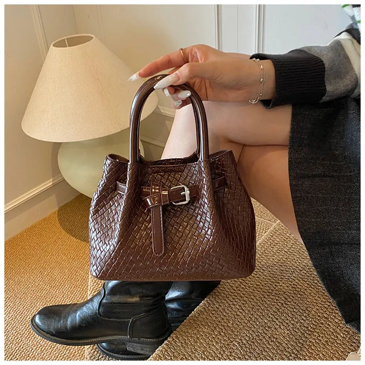 Women's PU messenger bucket bag in khaki with spliced design and three-dimensional outer pocket