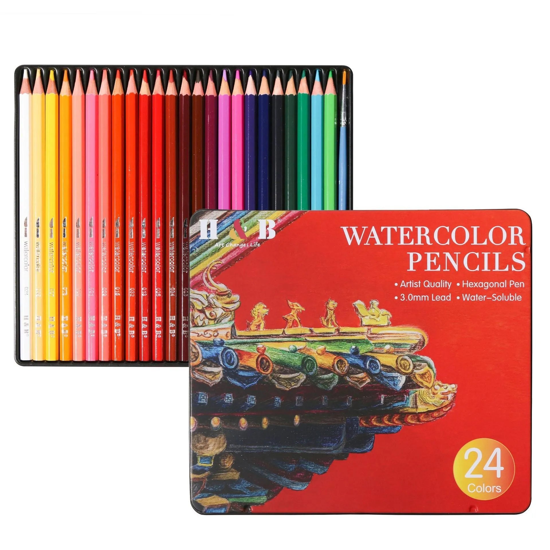 Water-soluble coloured pencils in iron tin with 24 colours for drawing and painting