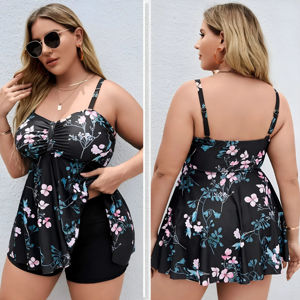 Women's floral print one-piece swimsuit in split colours, showing front design.