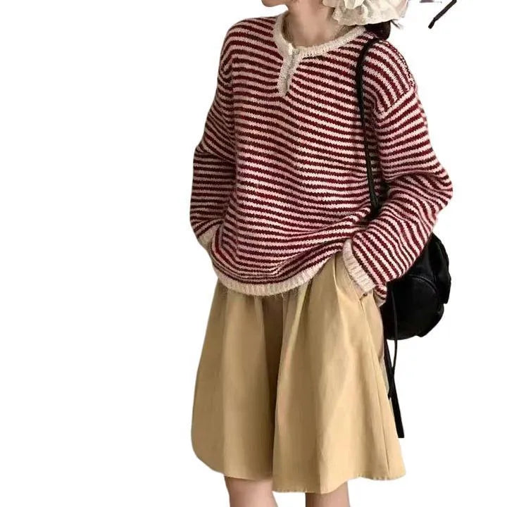 Women's red and blue striped cashmere pullover sweater with plaid pattern