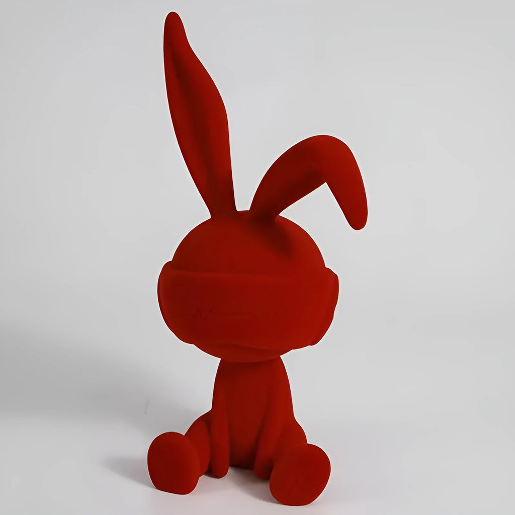 Suede blindfold rabbit resin table ornament in blue, green, or red colour