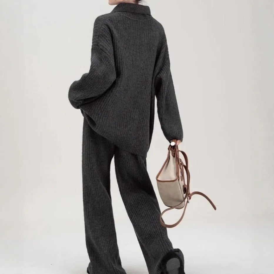 Women's dark grey imitation cashmere knit top and trousers two-piece set for commuting.