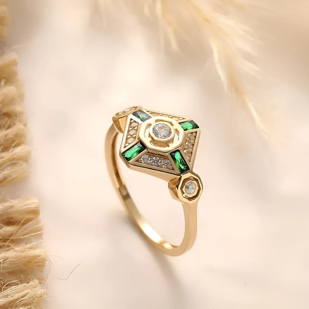 Ins style square geometric emerald diamond ring in lvzuan colour on a white background.
