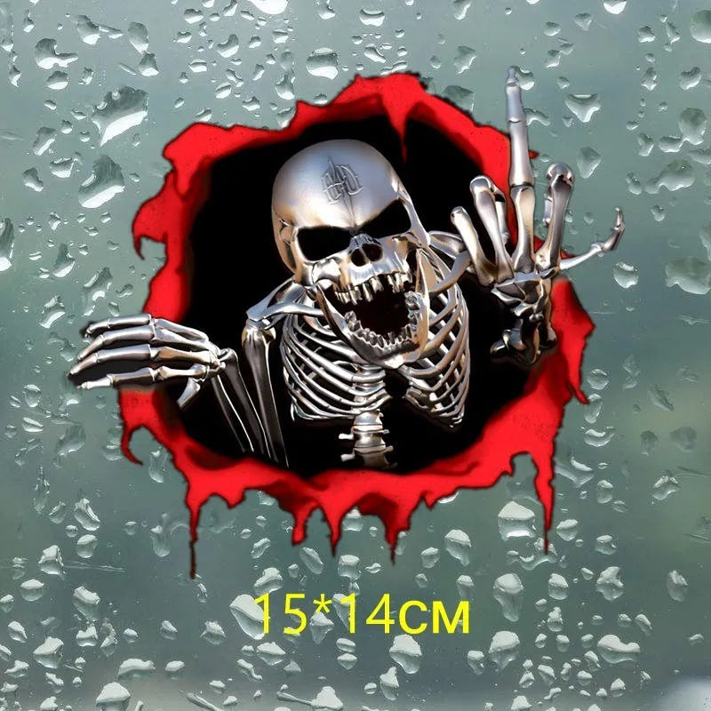 Reflective metal skull car bumper sticker with colourful broken shell design, 15cm x 14cm