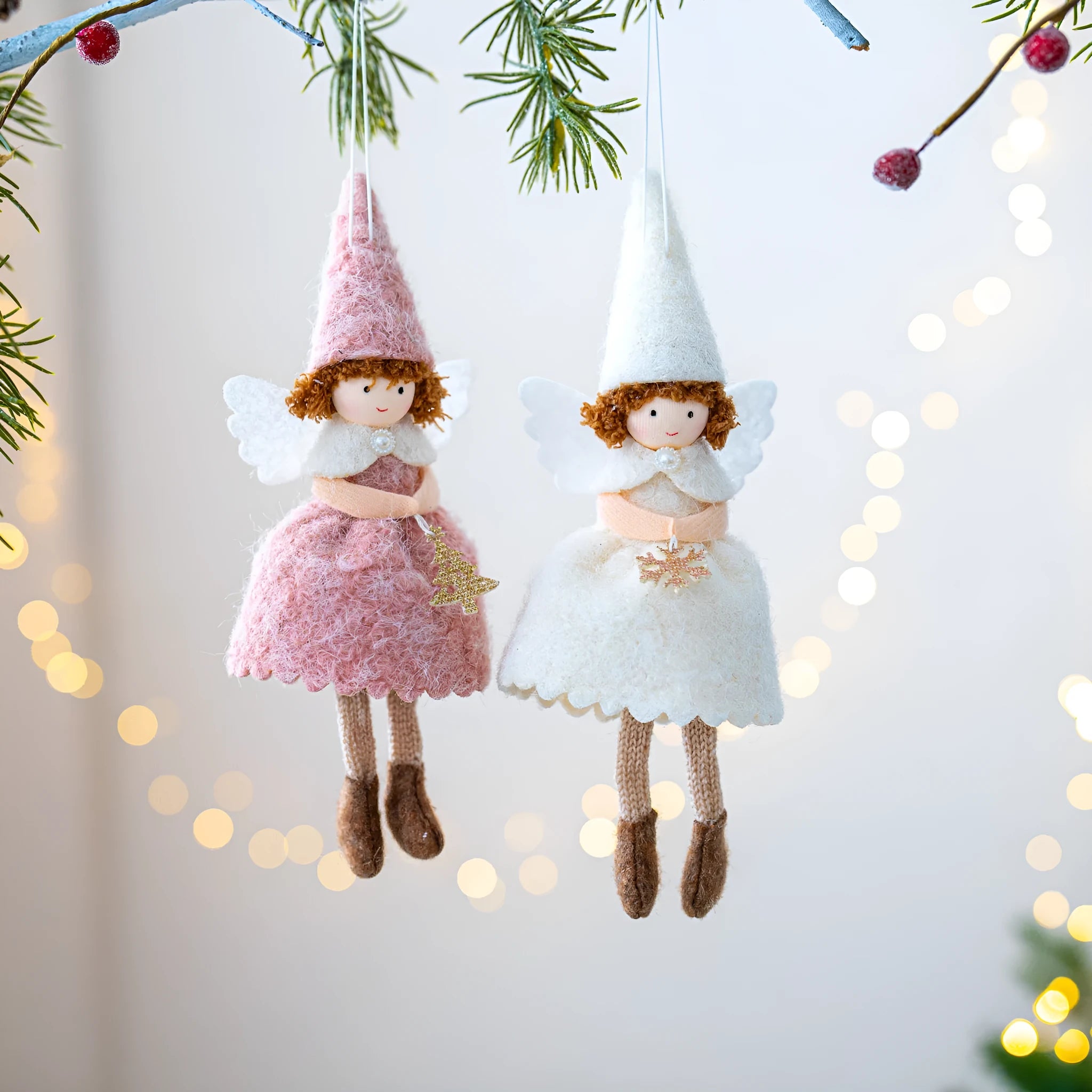 White or pink cloth angel skirt felt pendant for Christmas tree decoration.