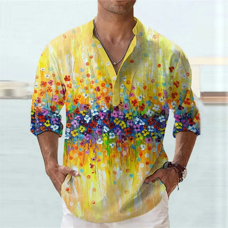 British style striped long sleeve bamboo hemp shirt with 3D print for teenagers