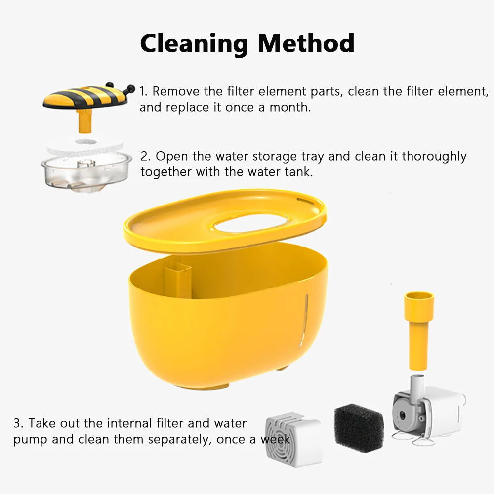 Yellow USB-powered cat water fountain with filter on anti-slip base.