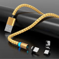 Magnetic USB charging cable with breathing light indicator showing black and silver versions in 1m and 2m lengths