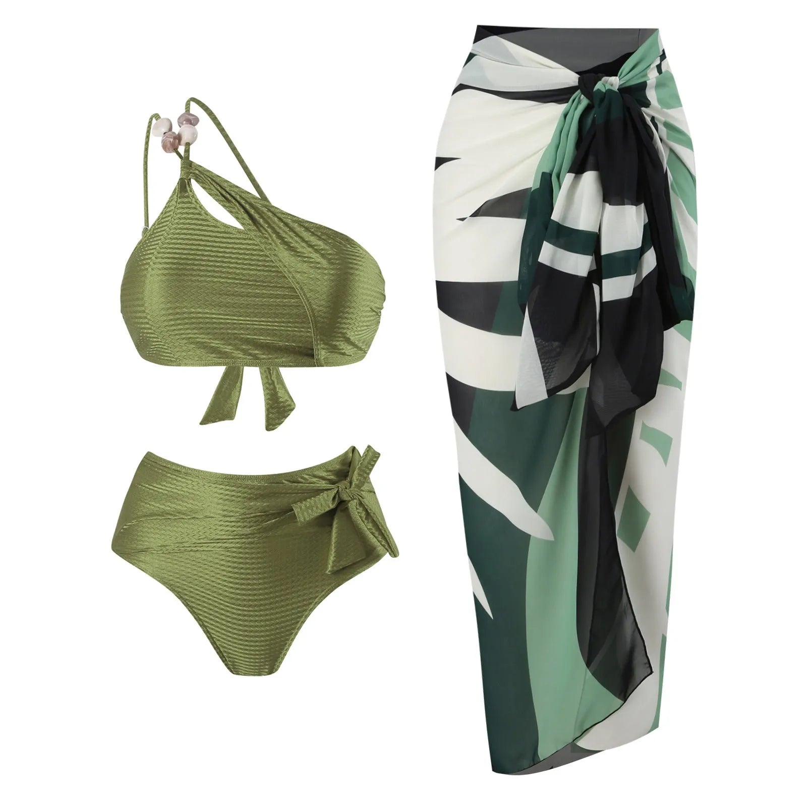 Women's push up bikini high waist split swimsuit in chiffon style with lining, shown in brown, black, and green colour options.