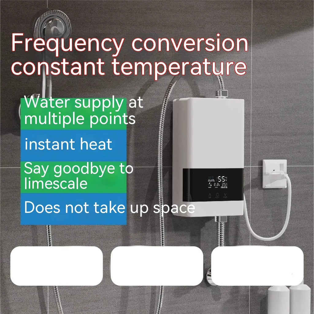Small constant temperature instant water heater with LED touch screen, shown in gold, silver, or white.