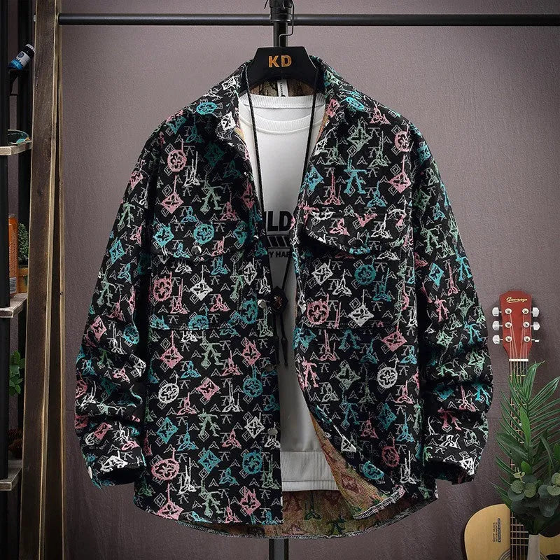 Men's casual lapel shirt coat in polyester with straight hem and long sleeves for spring and autumn wear