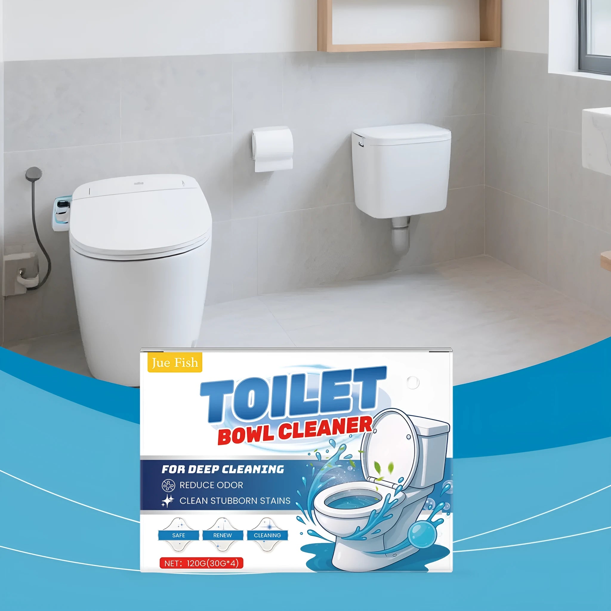 Box of toilet cleaning powder with four individual sachets, labelled for urine stain and odour removal.