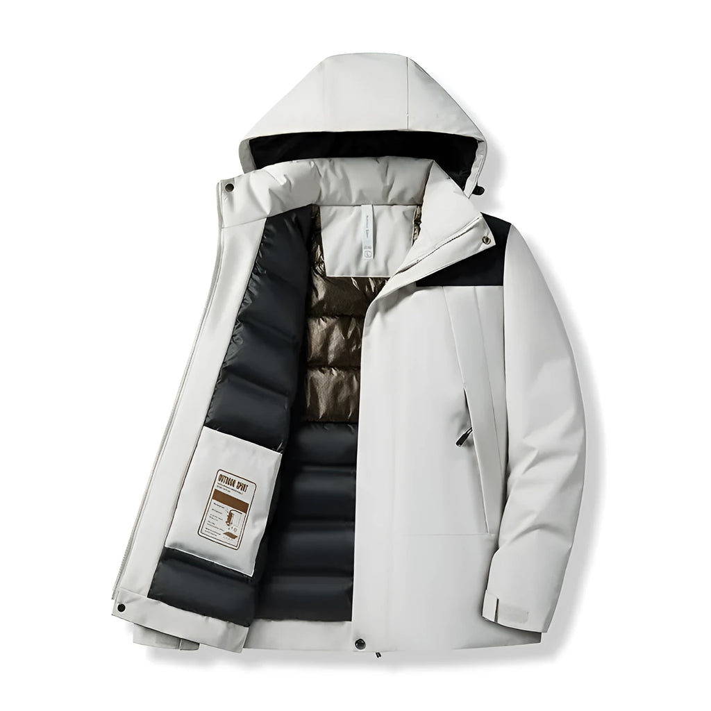 Winter thicken thermal shell jacket in black, waterproof polyester with contrast colour details for outdoor skiing and hiking