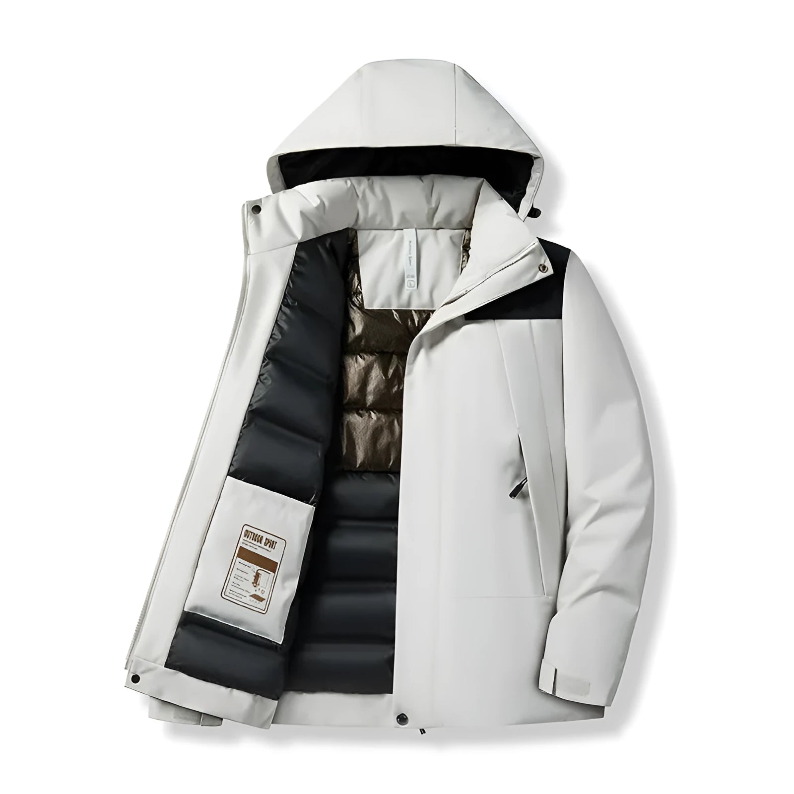 Winter thicken thermal shell jacket in black, waterproof polyester with contrast colour details for outdoor skiing and hiking