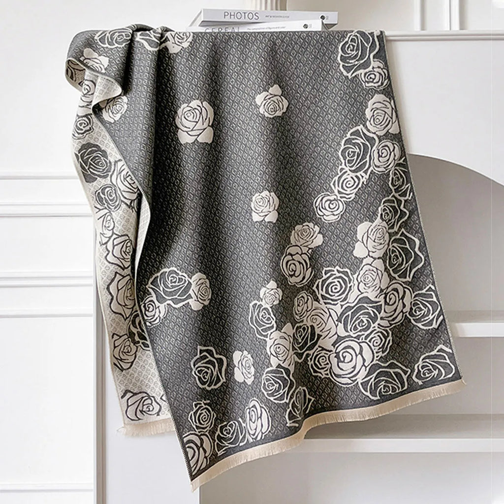 Imitation cashmere winter scarf with tassel detailing in grey colour, measuring 185cm by 65cm