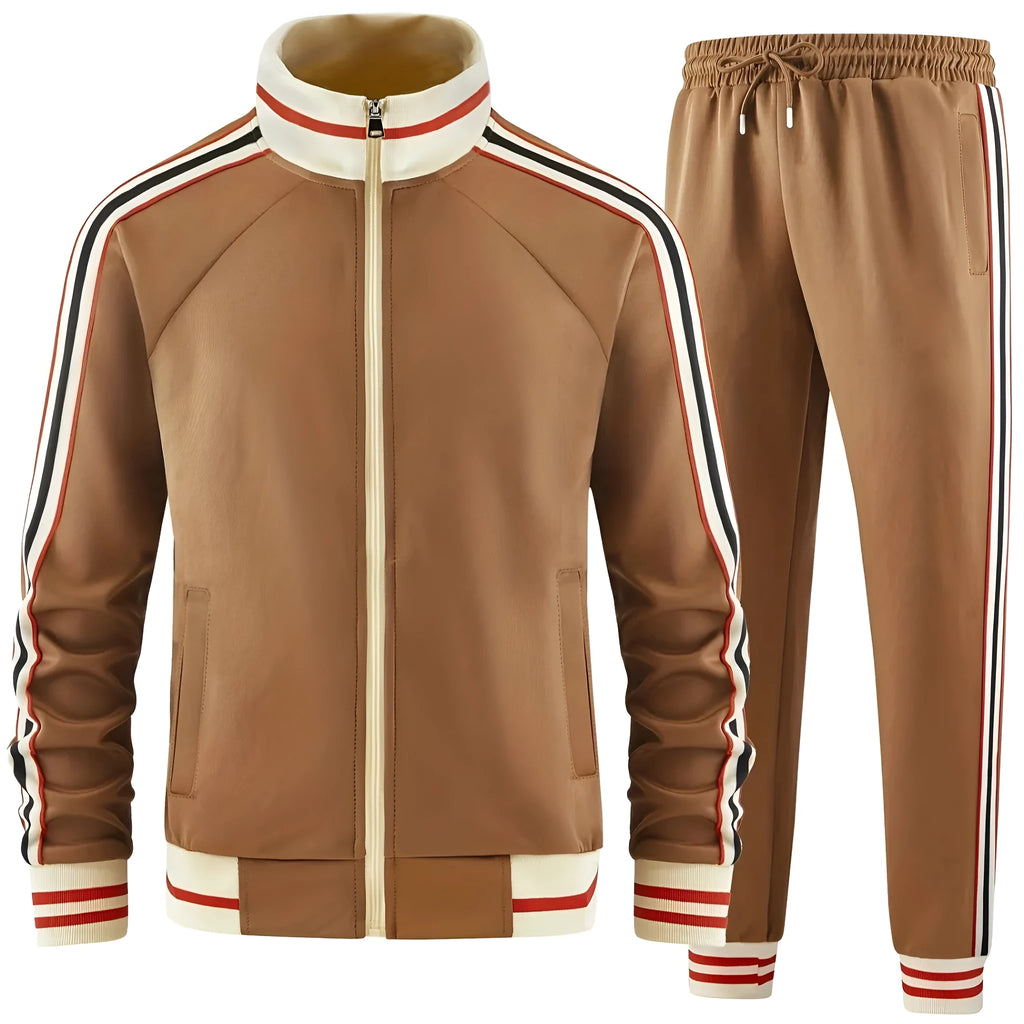Khaki coloured polyester turtleneck zipper cardigan and matching trousers suit laid flat.