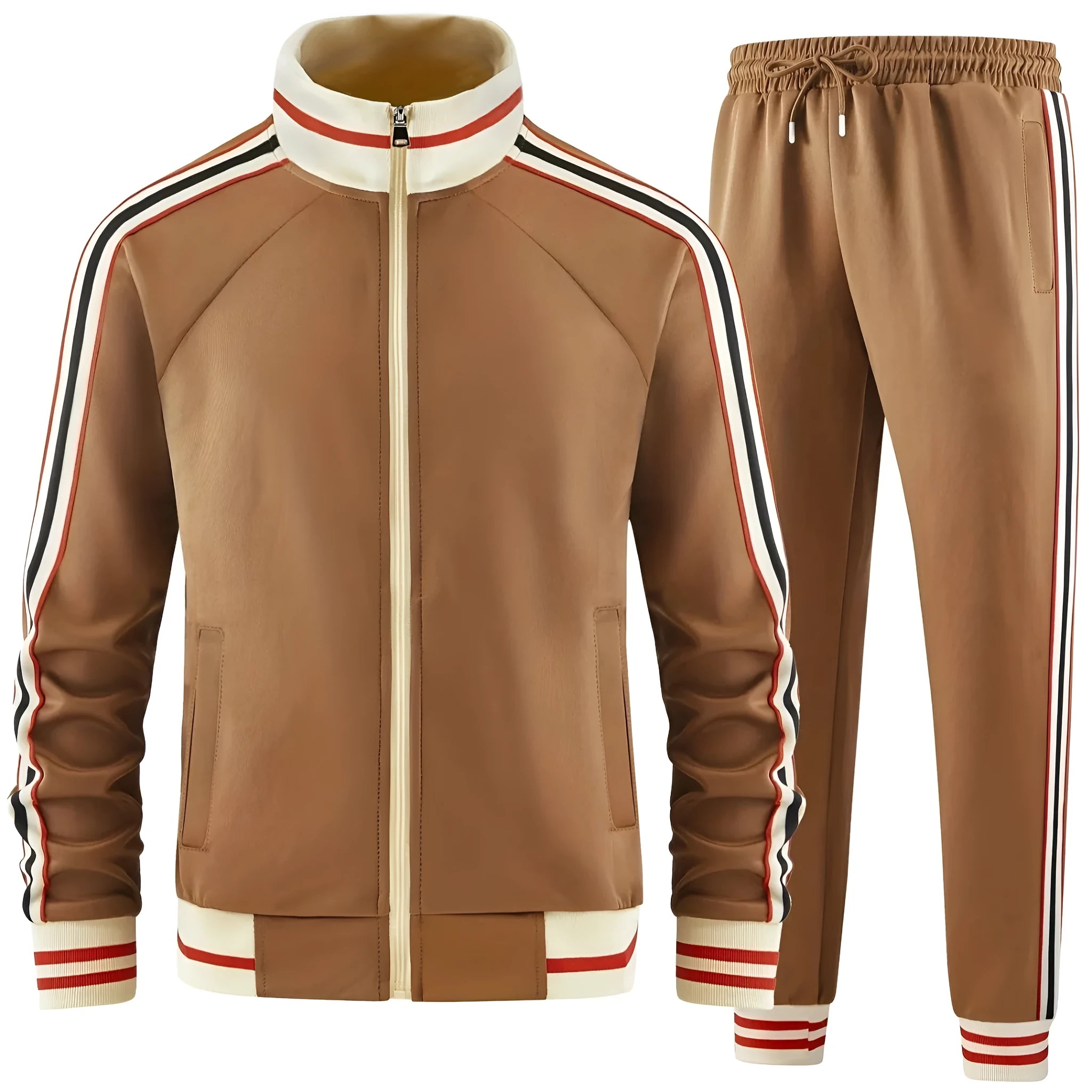 Khaki coloured polyester turtleneck zipper cardigan and matching trousers suit laid flat.
