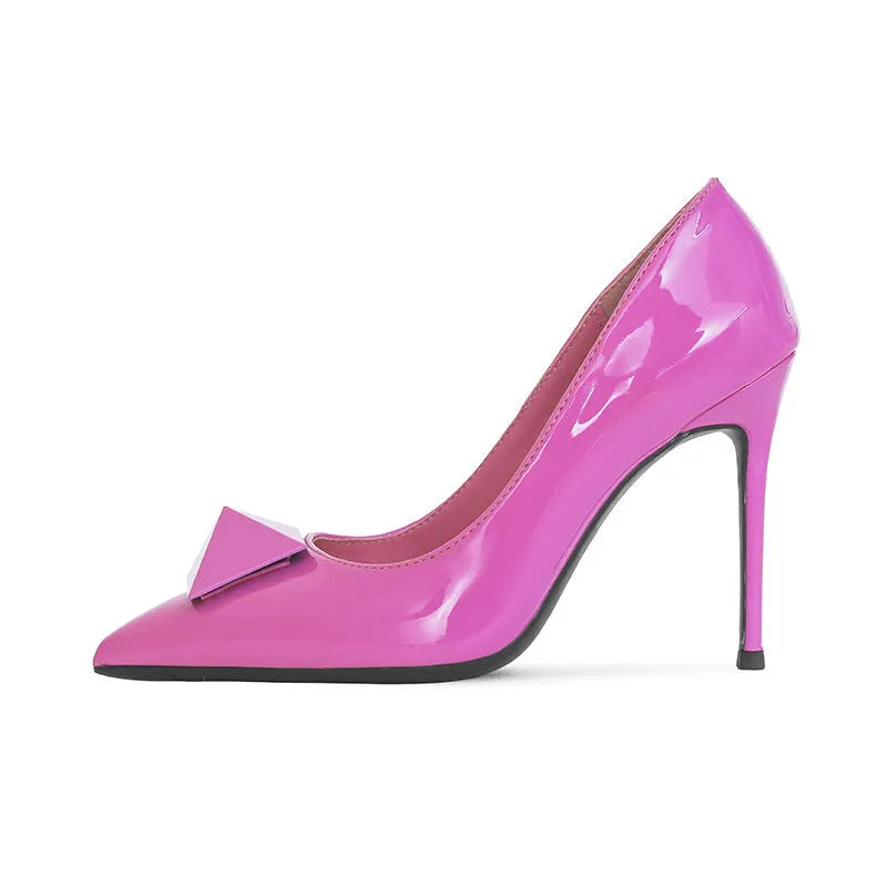 Pink patent leather pointed toe stiletto heels with buckle closure in three heel heights