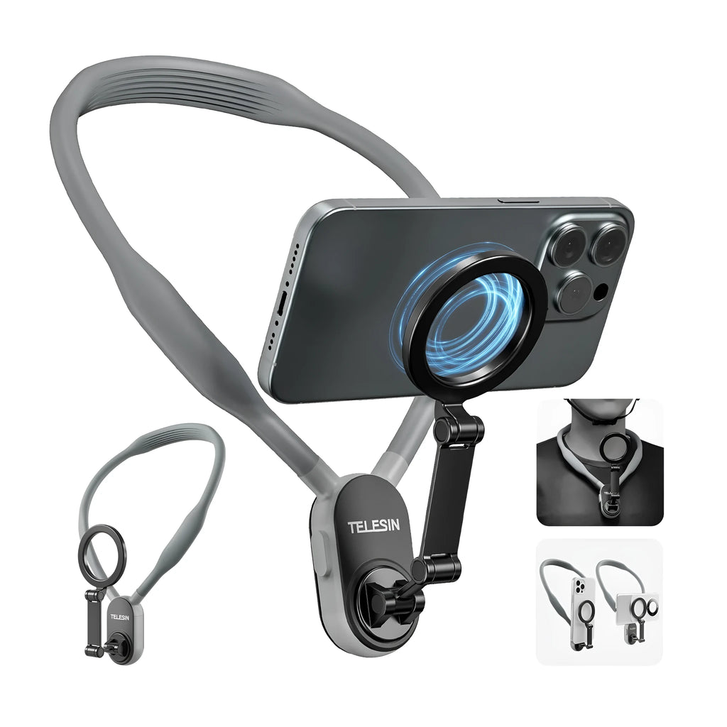 Silicone phone magnetic neck mount with 16 neodymium magnets in gray and sapphire blue, showing magnetic pad and anti-drop rope