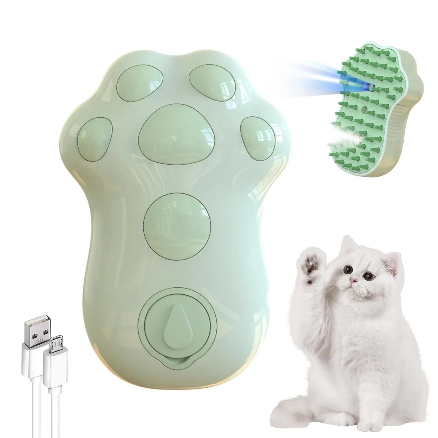 Self-cleaning cat steam brush with blue light, water spray tank, and silicone bristles