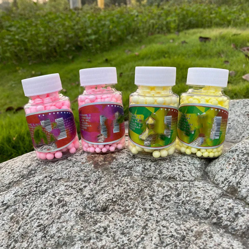 European Style Carp Silo Fishing Floating Foam Bait Granular Soft Beads Yellow Fruit Sweet and Pink Smell Colours Small 4-6mm or Large 7-9mm Grains for Carp Fishing Baiting