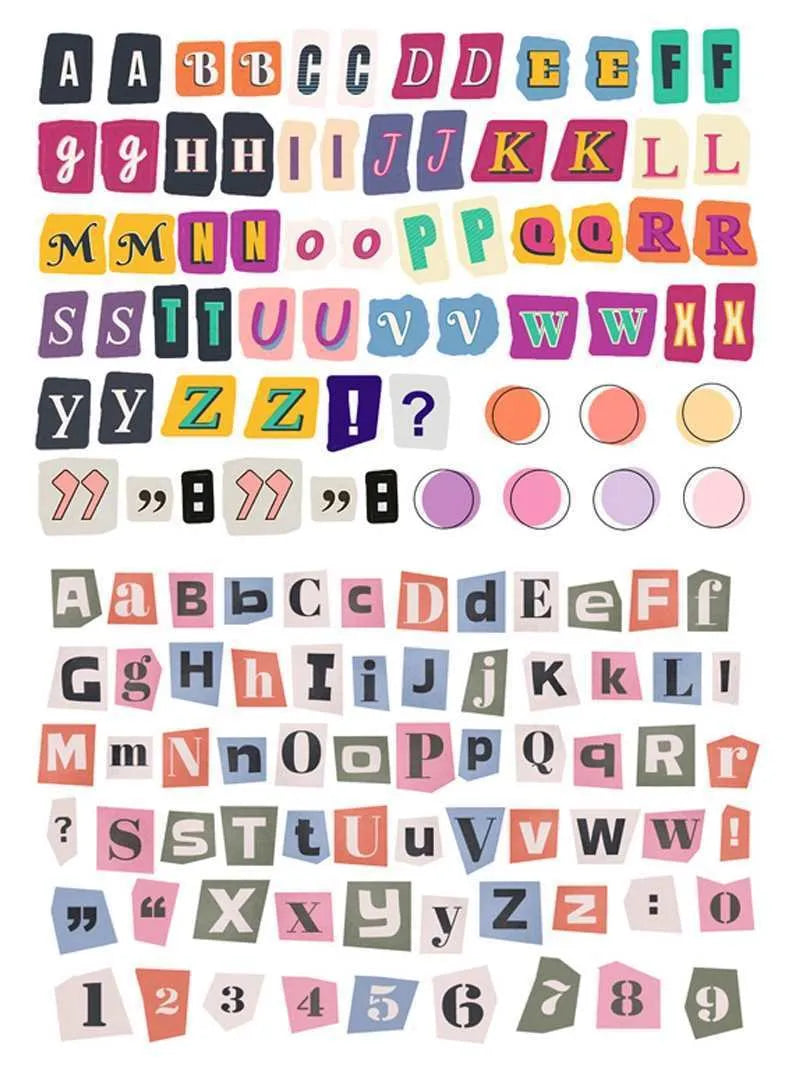 Decorative English letters and numbers sticker collection with weekday words for journaling and craft projects