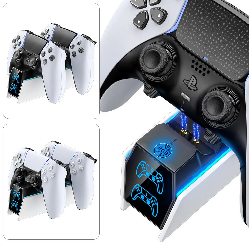 White PS5 wireless handle charger with RGB LED indicator and fixed dock, measuring 18.8 by 5.9 by 16.8 cm