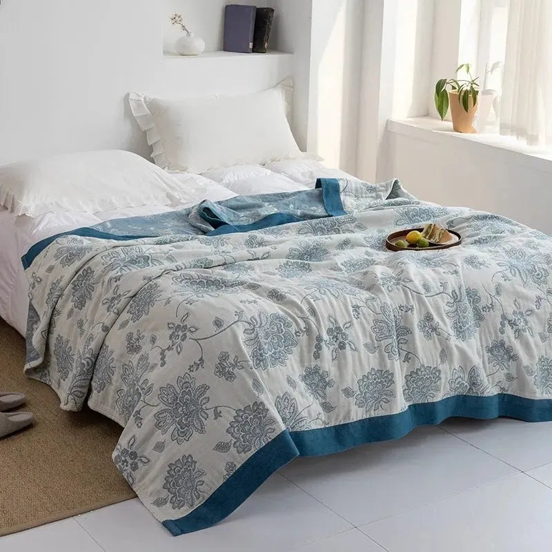 Pure cotton five-layer gauze summer blanket in Roulette Wheel Blue pattern showing modern simple style