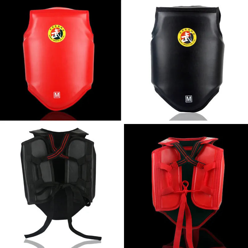 Red boxing helmet and matching one-piece chest protector set for training.