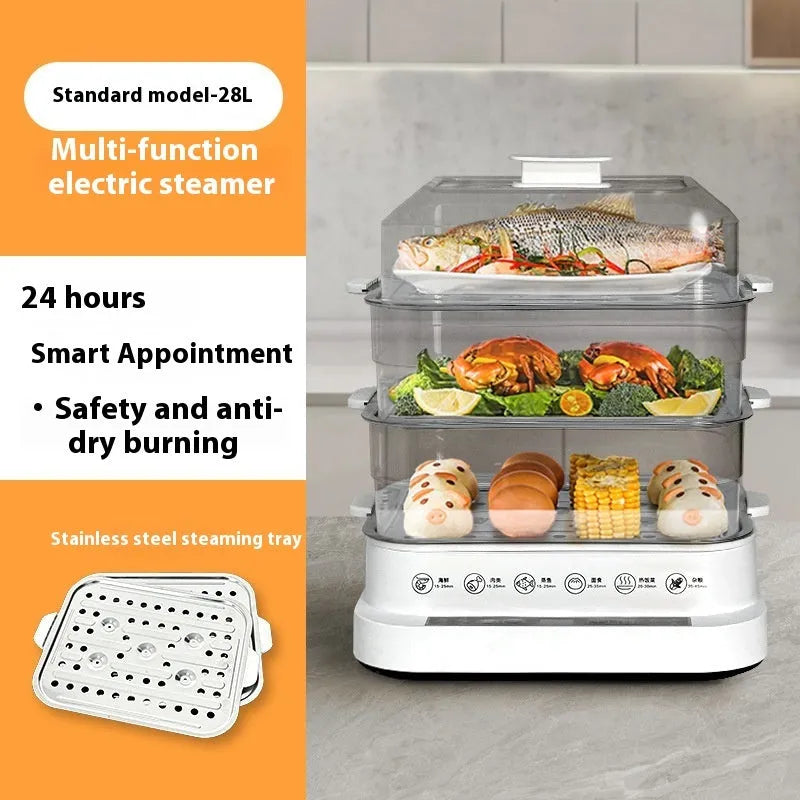 28-litre capacity electric steamer with stainless steel rack and automatic measuring function