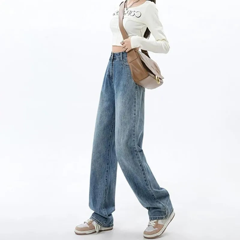 Women's retro blue wide leg jeans with high waist and straight leg cut