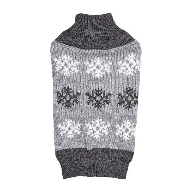 Grey snowflake pattern dog Christmas sweater shown on small dog for size reference