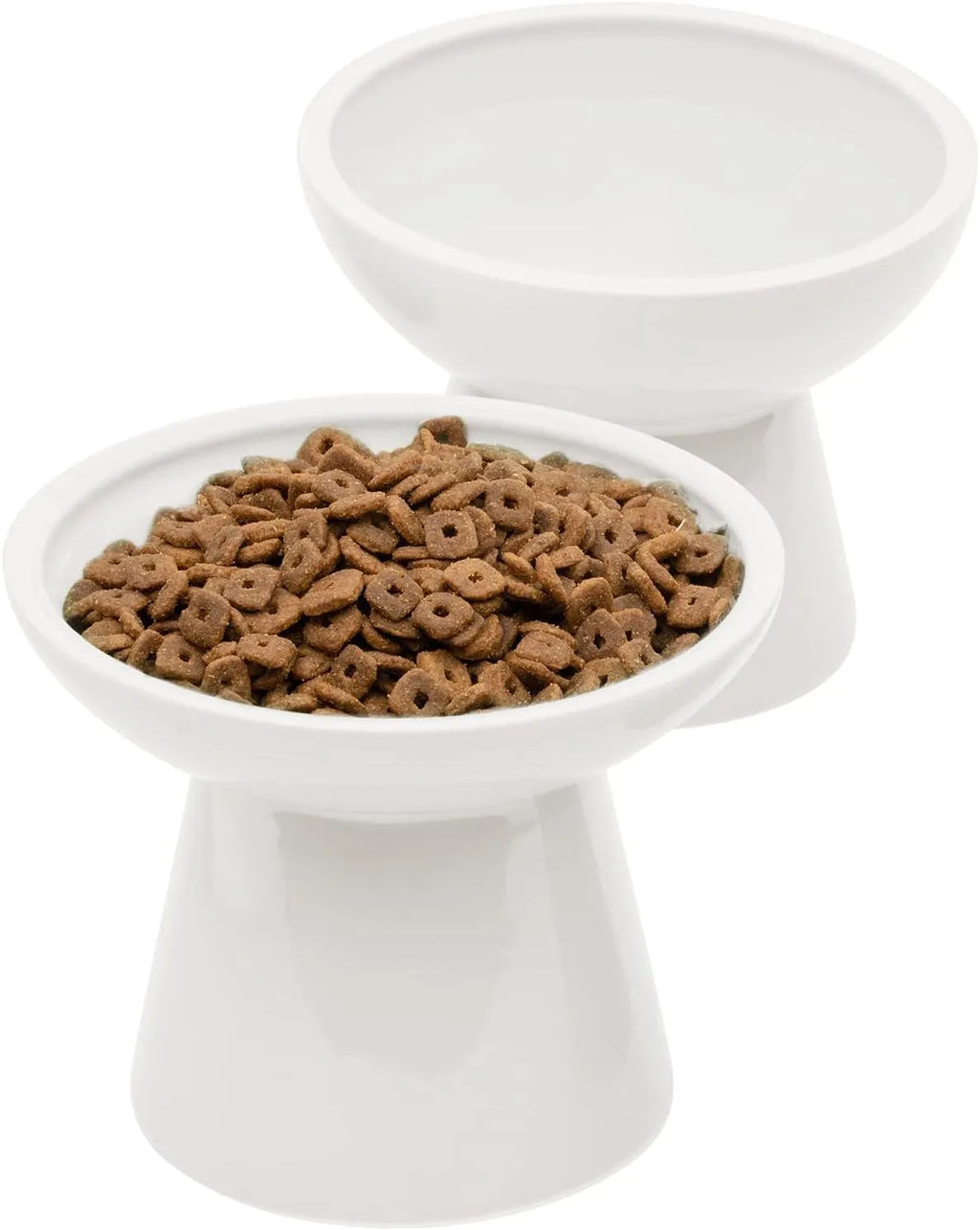 White ceramic elevated cat bowl with wide shallow dish on wooden floor