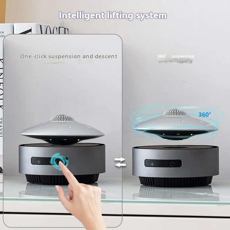 Black magnetic levitation Bluetooth speaker floating above base with automatic lifting mechanism