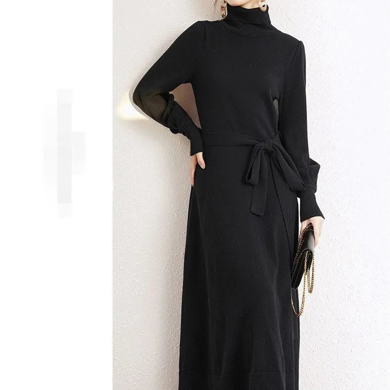 Turtleneck knit dress with elastic waist and loose hem in rose red colour