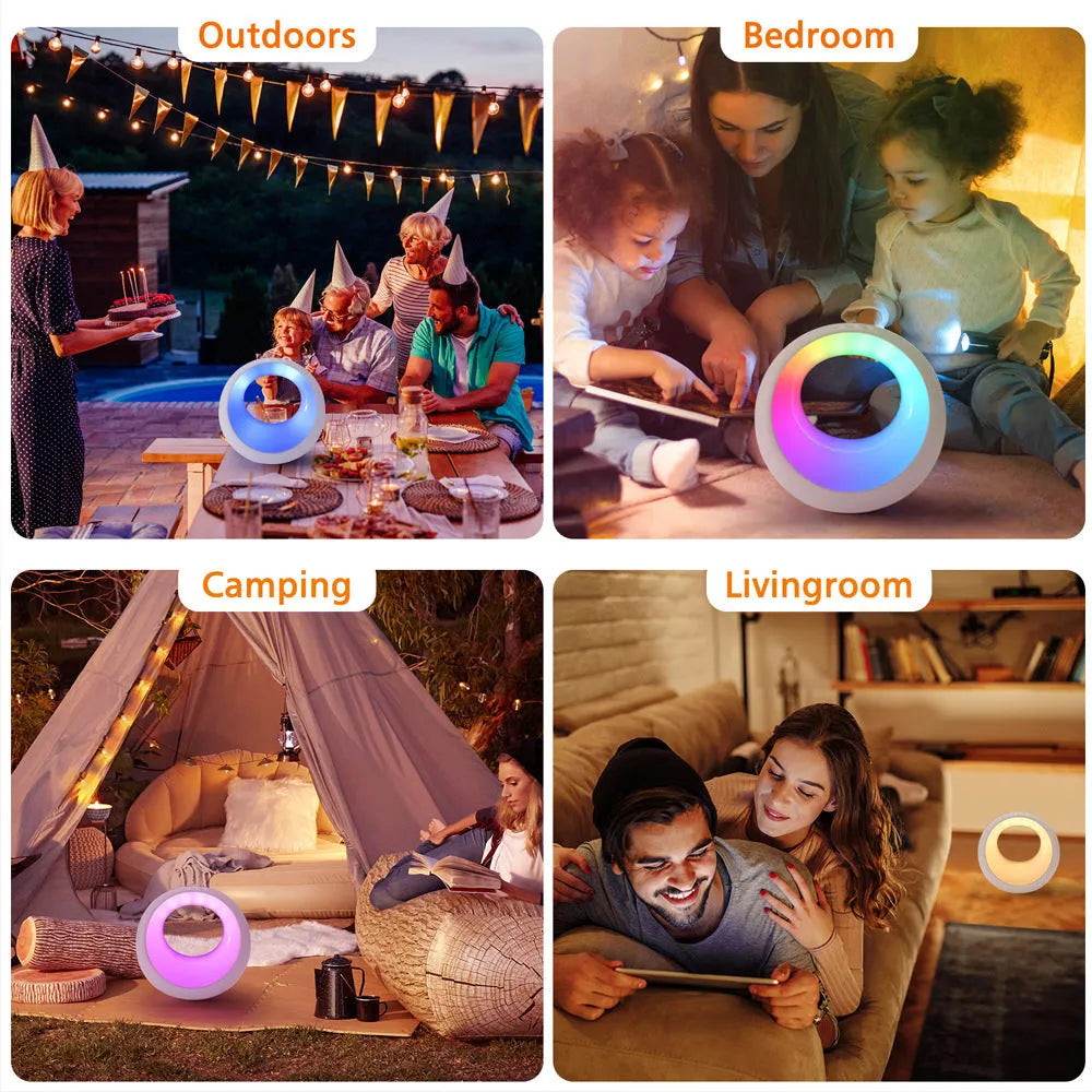 Creative Touch small white RGB colour-changing desk lamp with remote control on a wooden table.