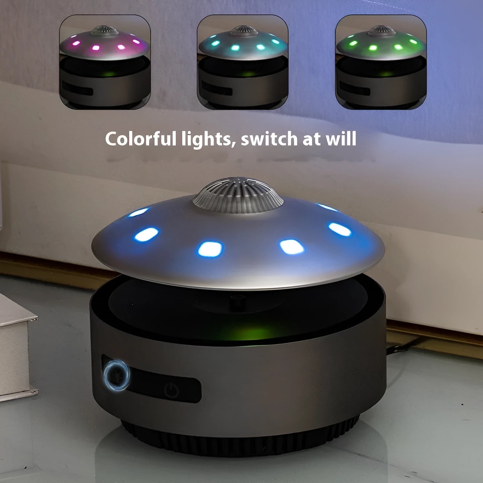 Black magnetic levitation Bluetooth speaker floating above base with automatic lifting mechanism