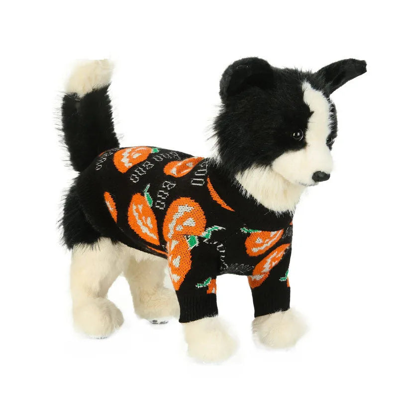 Black Halloween dog sweater with orange knitted pumpkin pattern on a mannequin, sizes S to XXL.