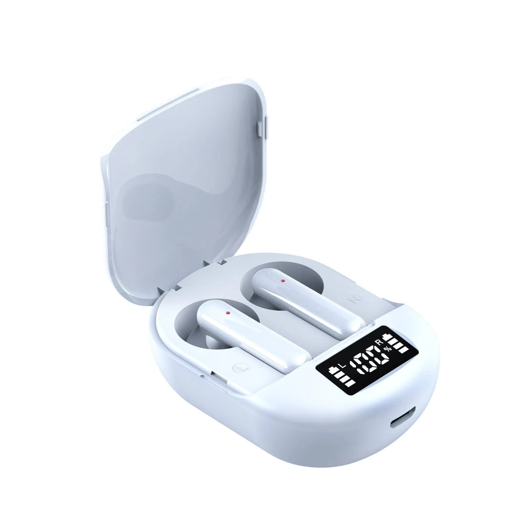 Wireless Bluetooth headset with charging bin showing digital display screen