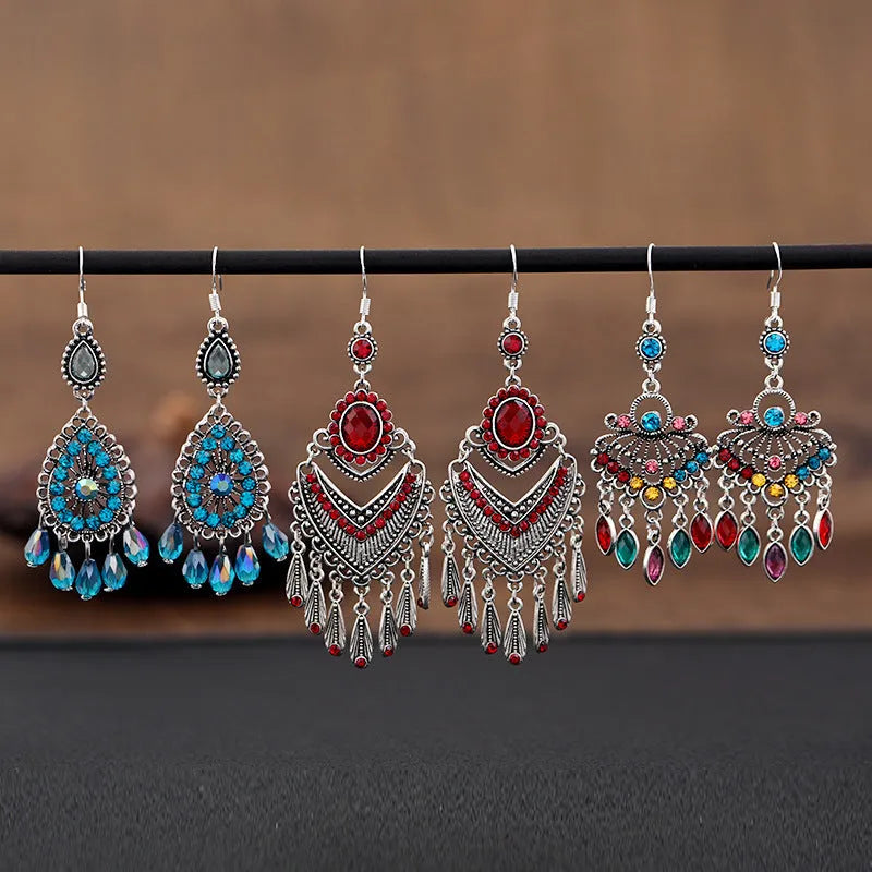 Retro court crystal drop earrings with long purple fringe in ethnic style