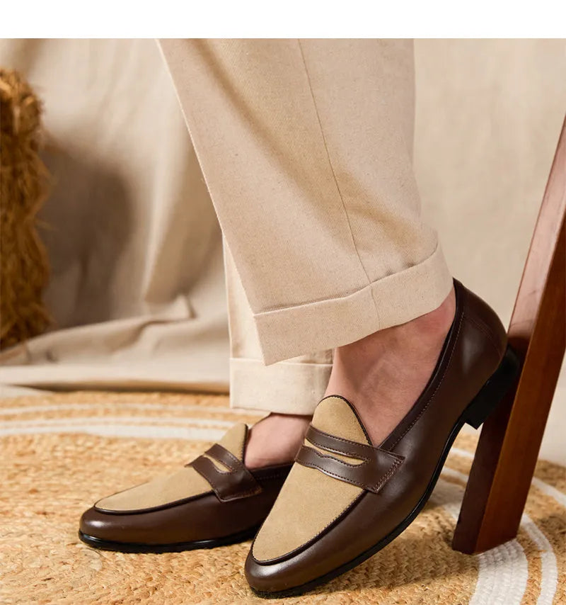 Coffee grey British style loafers with suede leather uppers and slip-on design