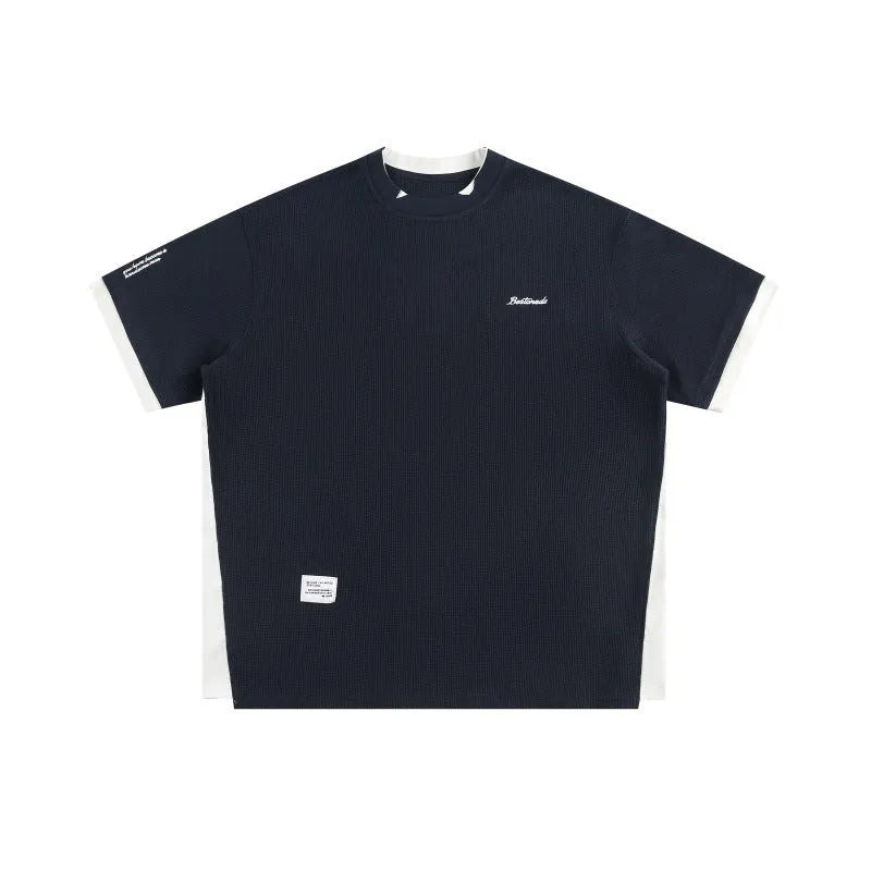 Waffle texture short sleeve t-shirt with retro alphabet embroidery in loose fit design