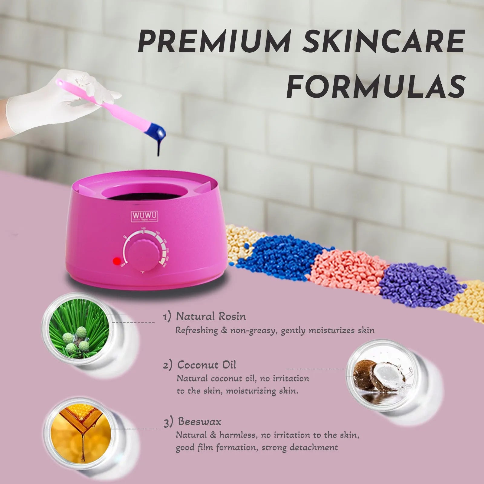 Professional waxing kit with wax warmer, hard wax beans, tools and aftercare products for hair removal