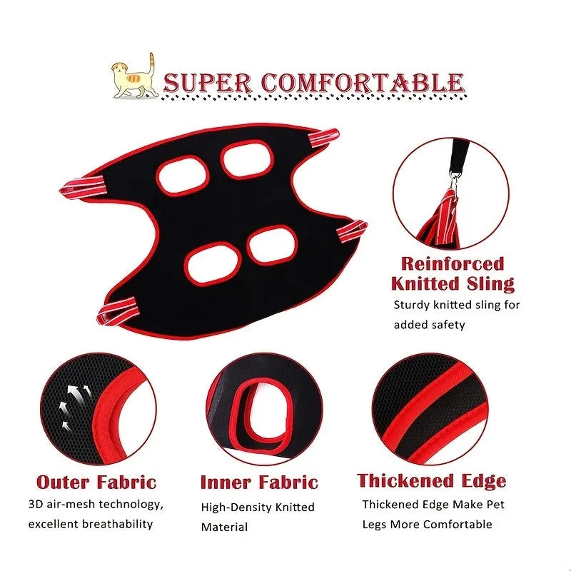 Pet grooming hammock hanging restraint bag set for dogs and cats in four sizes.