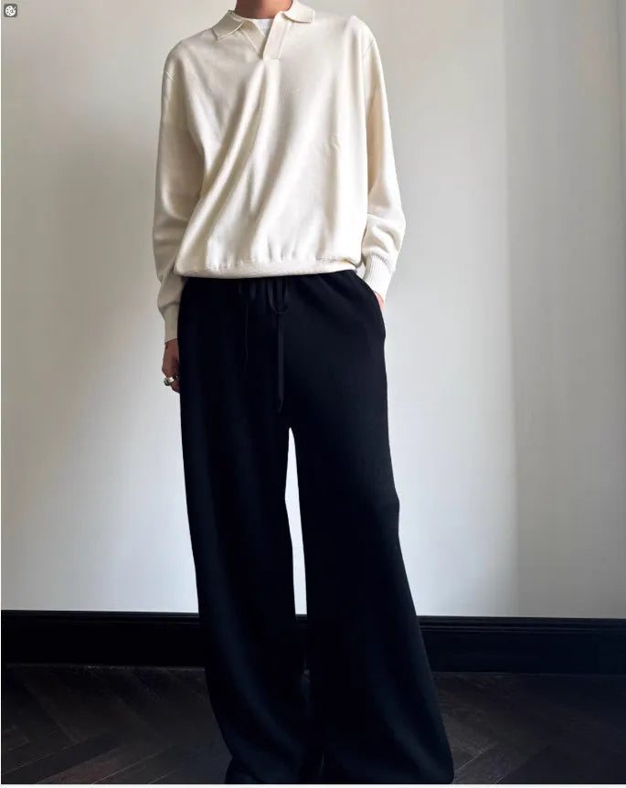 Men's pure wool polo sweater with lapel collar in loose fit, available in milky white and navy blue colours