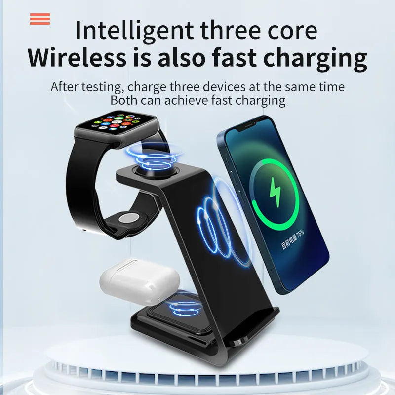 White upright wireless phone charger with dual-coil technology and QC3.0 support on a desk