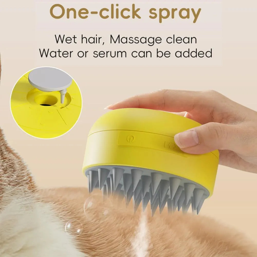 Green rechargeable cat steam brush with silicone bristles for grooming and massage next to a yellow version.