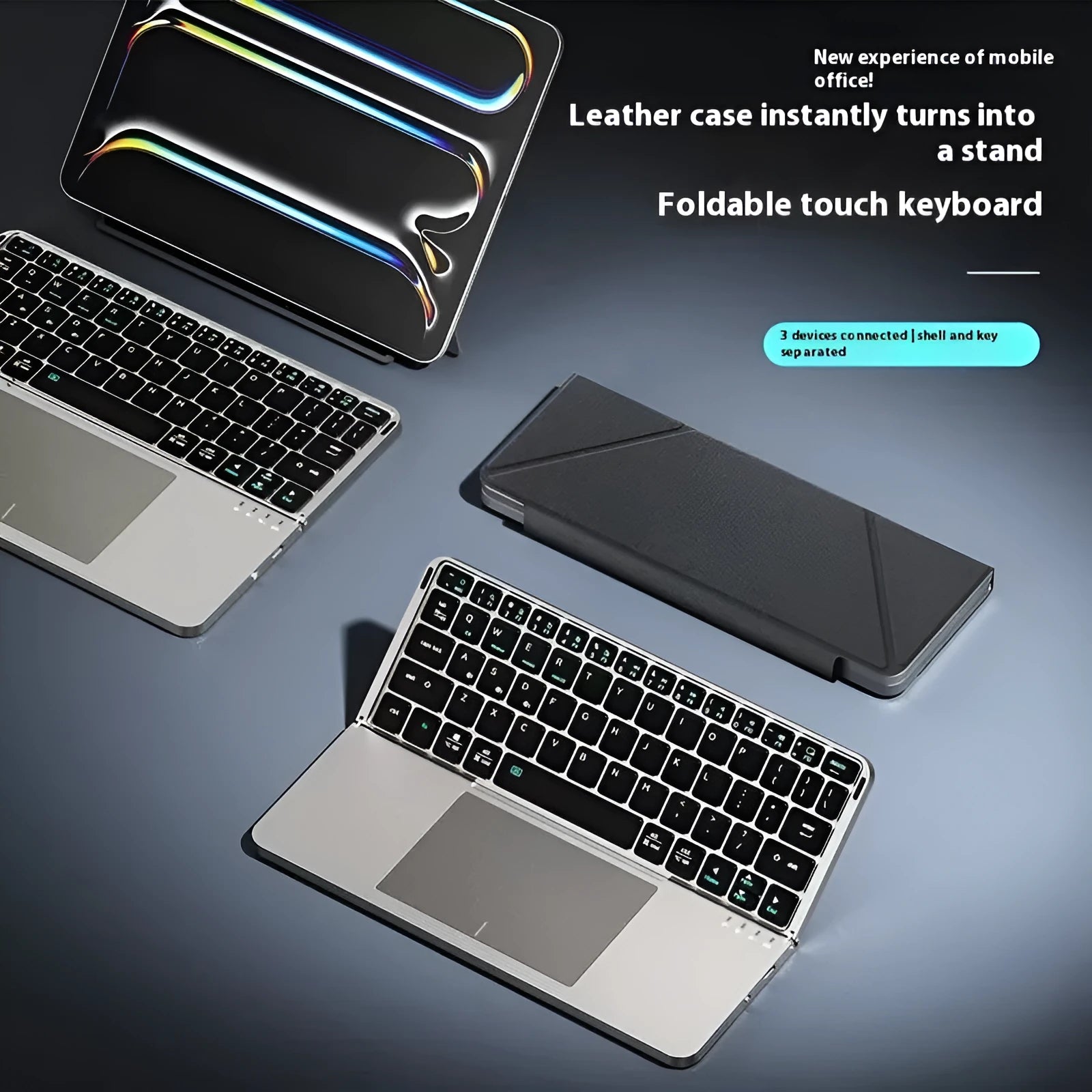 Grey folding Bluetooth wireless keyboard shown closed and open, for use with mobile phones and tablets.