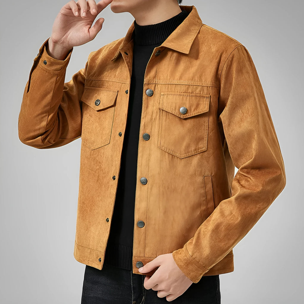 Men's casual brushed suede slim fit jacket in khaki, with shirt sleeves and topstitching slit pockets